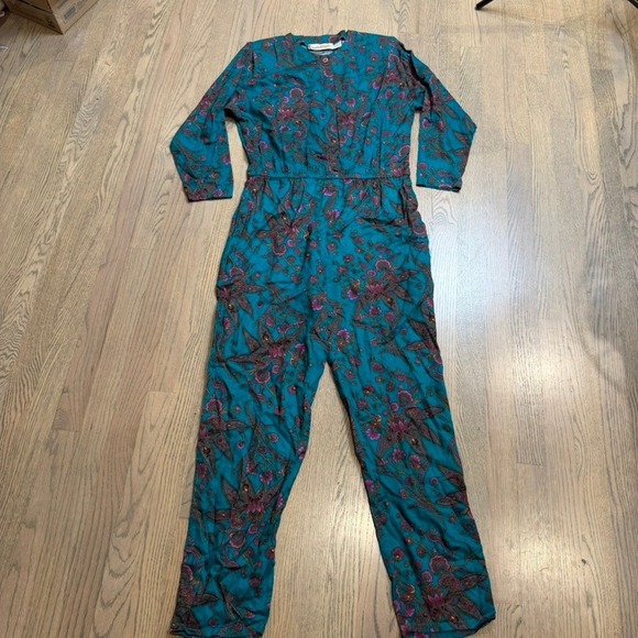 Diane Von Furstenberg Pants - Diane Von Furstenberg Teal Paisley Floral Rayon Jumpsuit Playsuit 80s Size S
